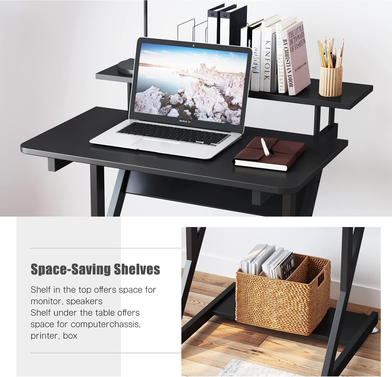 Computer Desk for Small Spaces, 27.5 Inch Small Computer Desk, 3 Tier Compact Desk with Monitor Shelf and Bottom Storage Shelves, Space Saving Desk, Black