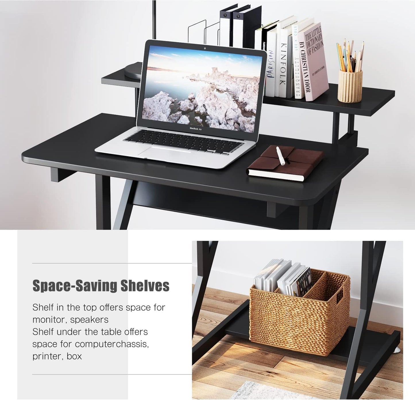 Computer Desk for Small Spaces, 27.5 Inch Small Computer Desk, 3 Tier Compact Desk with Monitor Shelf and Bottom Storage Shelves, Space Saving Desk, Black
