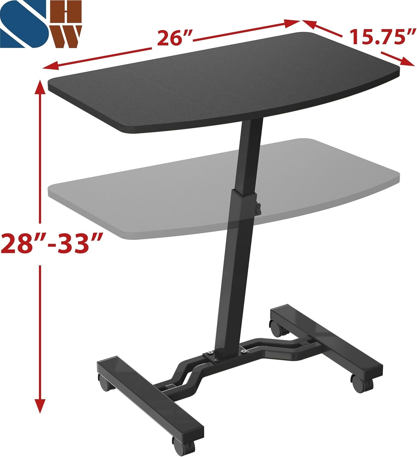 Mobile Height Adjustable Laptop Rolling Cart with Height Adjustment from 28" to 33", Black