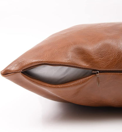 2 Packs Brown Boho Lumbar Faux Leather Decorative Throw Pillow Covers 12X20 Inch for Living Room Couch Bed Sofa, Hand Stitched Rectangle Cushion Case, Rustic Modern Farmhouse Home Decor