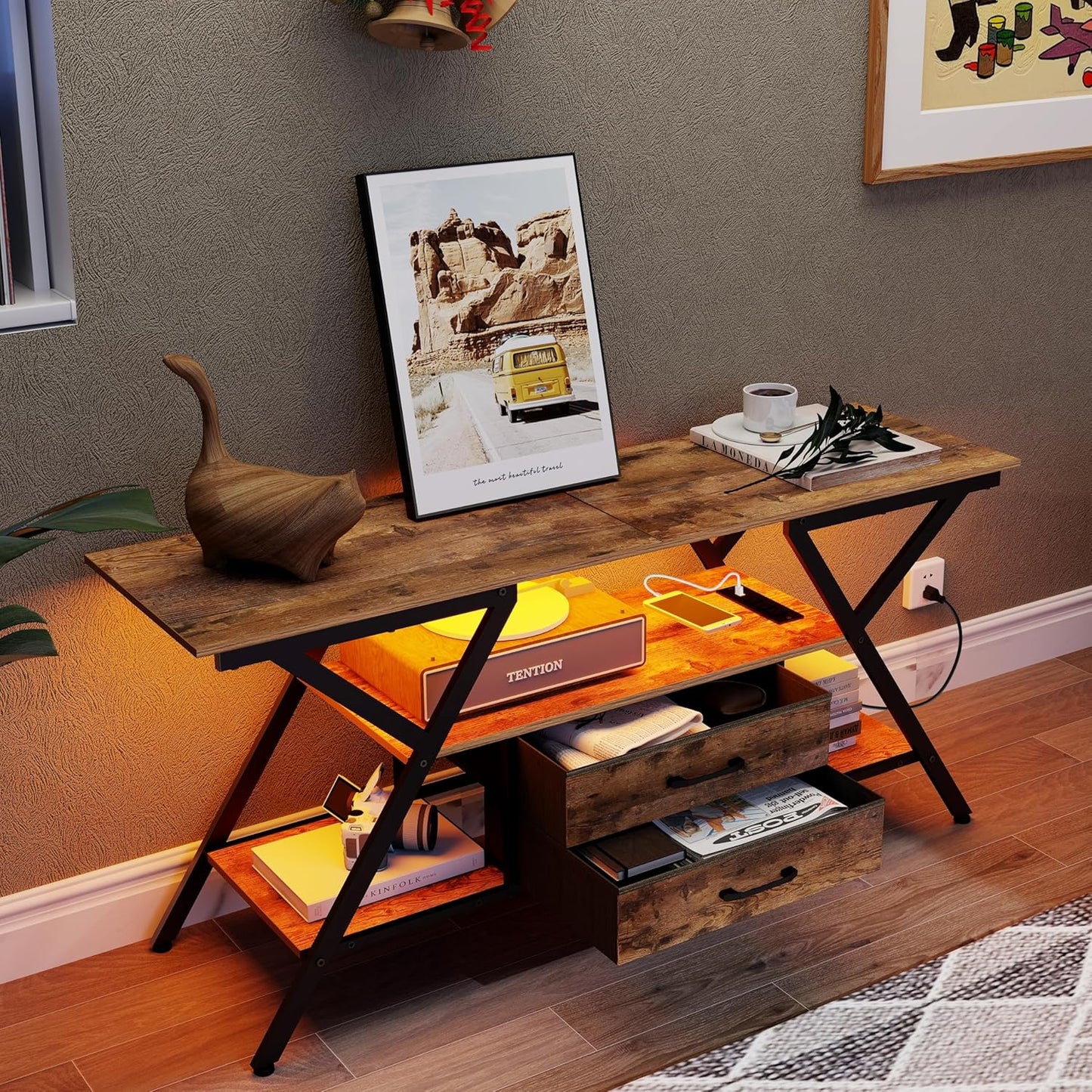 TV Stand with Power Outlet and LED Lights, Fits Tvs up to 65”, 2 Fabric Drawers Entertainment Center with Open Storage Shelves, Media Console for Living Room, Bedroom (Rustic Brown)