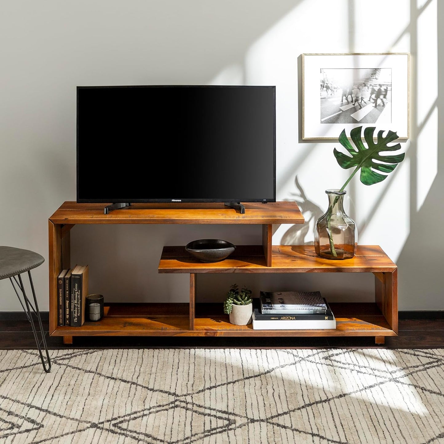 Meier Contemporary 2 Tier Asymmetrical Solid Wood TV Stand for Tvs up to 50 Inches, 60 Inch, Amber