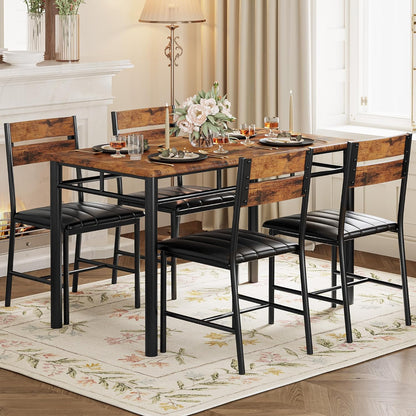 Dining Table Set for 4, Wood Kitchen Table with Upholstered Chairs for Kitchen Room and Small Spaces, Rustic Brown