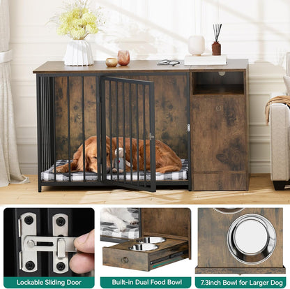 Dog Crate Furniture with Feeder Bowls, 55" Large Breed Dog Kennel with Storage Drawer, Heavy Duty Dog House TV Stand Indoor for Medium Dogs, Brown