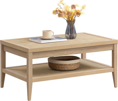 Rattan Coffee Table for Living Room - Boho Rectangular Dining Center Table with 2 -Tiers Rattan Storage Shelf, Farmhouse Accent Table for Living Room, Home Office, Light Oak