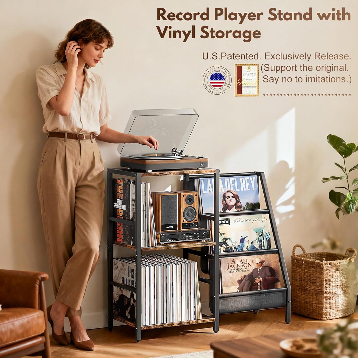 Record Player Stand, Turntable Stand with 3-Tier Vinyl Record Storage, Record Player Table 200 Albums, End Table with Vinyl Display Holder Shelf, Record Player Cabinet Media Console for Stereo