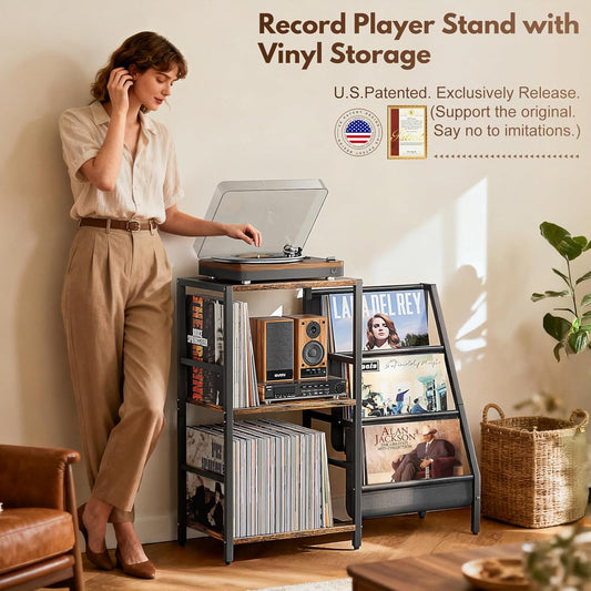 Record Player Stand, Turntable Stand with 3-Tier Vinyl Record Storage, Record Player Table 200 Albums, End Table with Vinyl Display Holder Shelf, Record Player Cabinet Media Console for Stereo