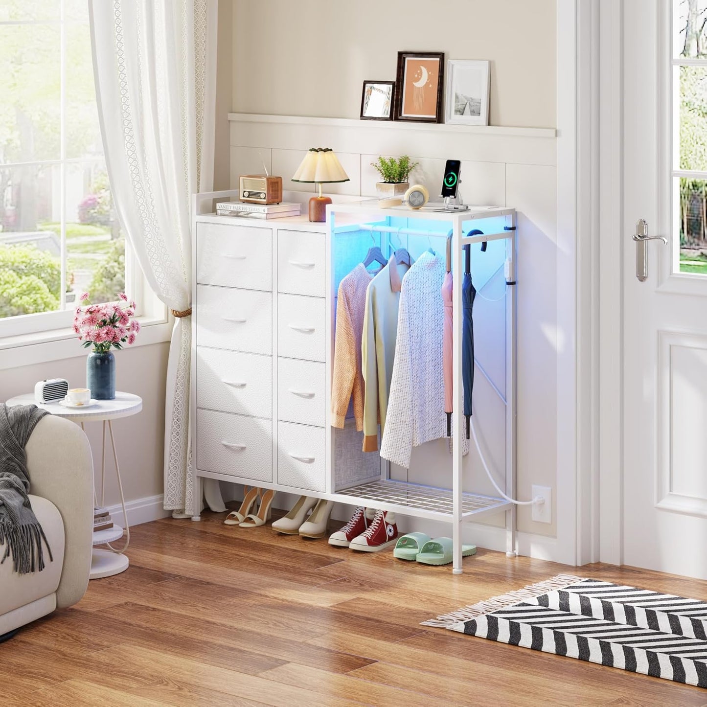 Dresser with Hanging Rack, 8-Drawer Dresser for Bedroom with Charging Station & LED Lights, Kids Dressers with Shoe Rack, Chest of Drawers with Wooden Top for Bedroom, Kids Room, White, 11.8"D