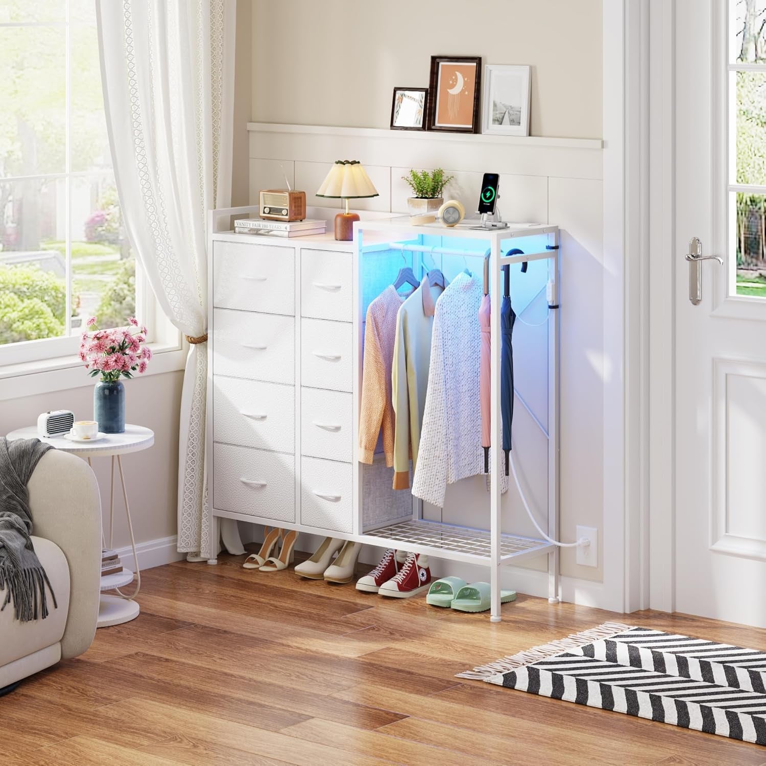 Dresser with Hanging Rack, 8-Drawer Dresser for Bedroom with Charging Station & LED Lights, Kids Dressers with Shoe Rack, Chest of Drawers with Wooden Top for Bedroom, Kids Room, White, 11.8"D