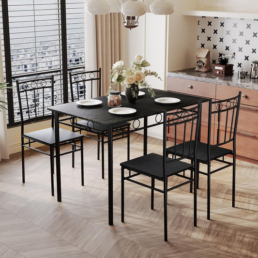 5 Piece Dining Table Set, Modern Metal&Wood Kitchen Dinner Table with 4 Chairs, Dining Room Table Sets for Small Spaces, Black