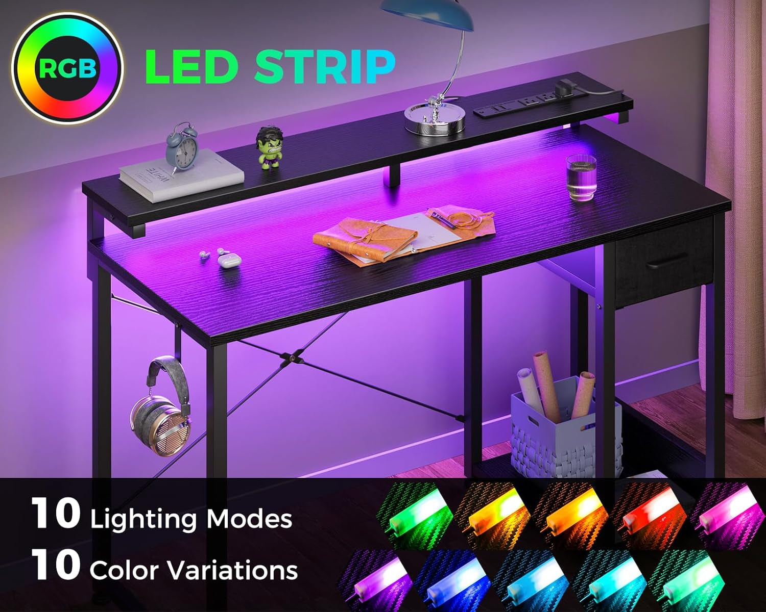 Gaming Desk with LED Lights & Power Outlet, 40 Inch Computer Desk with Drawer, Reversible Small Desk with Monitor Stand & Headphone Hook for Home Office, Black