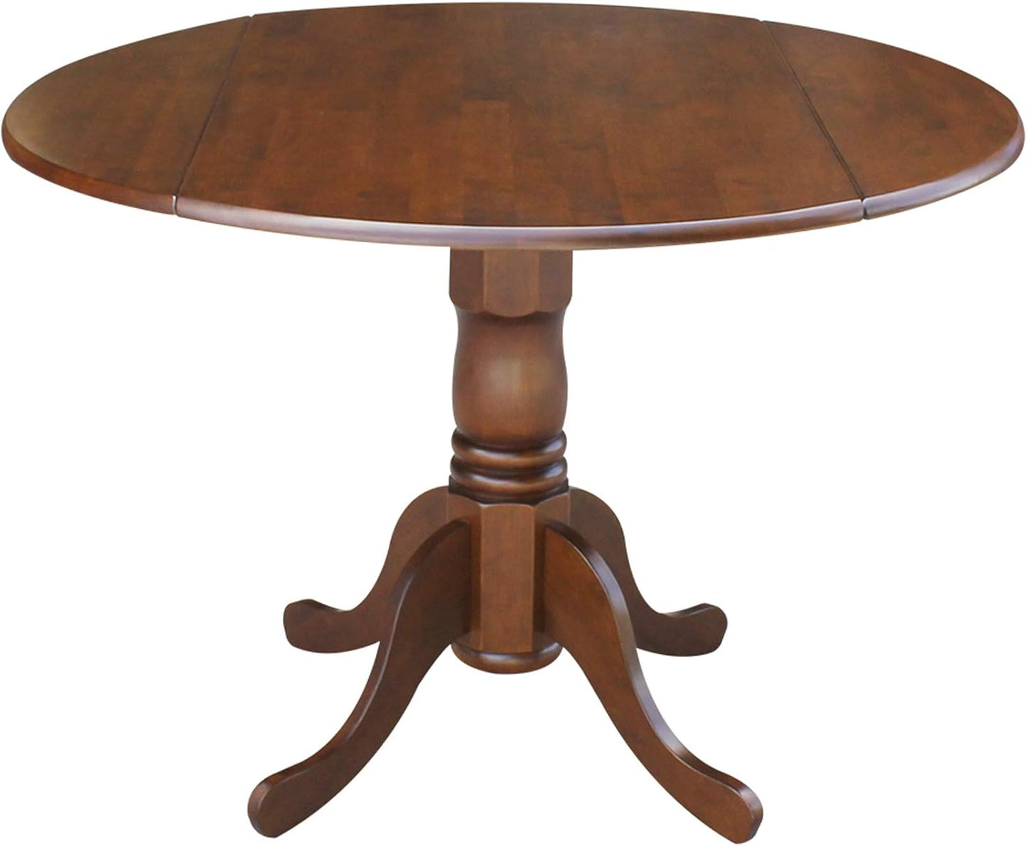 , 42" round Dual Drop Leaf Pedestal Dining Table, Solid Wood, Real Parawood, 42" W X 42" D X 29.5" H, Easy Assembly, Espresso
