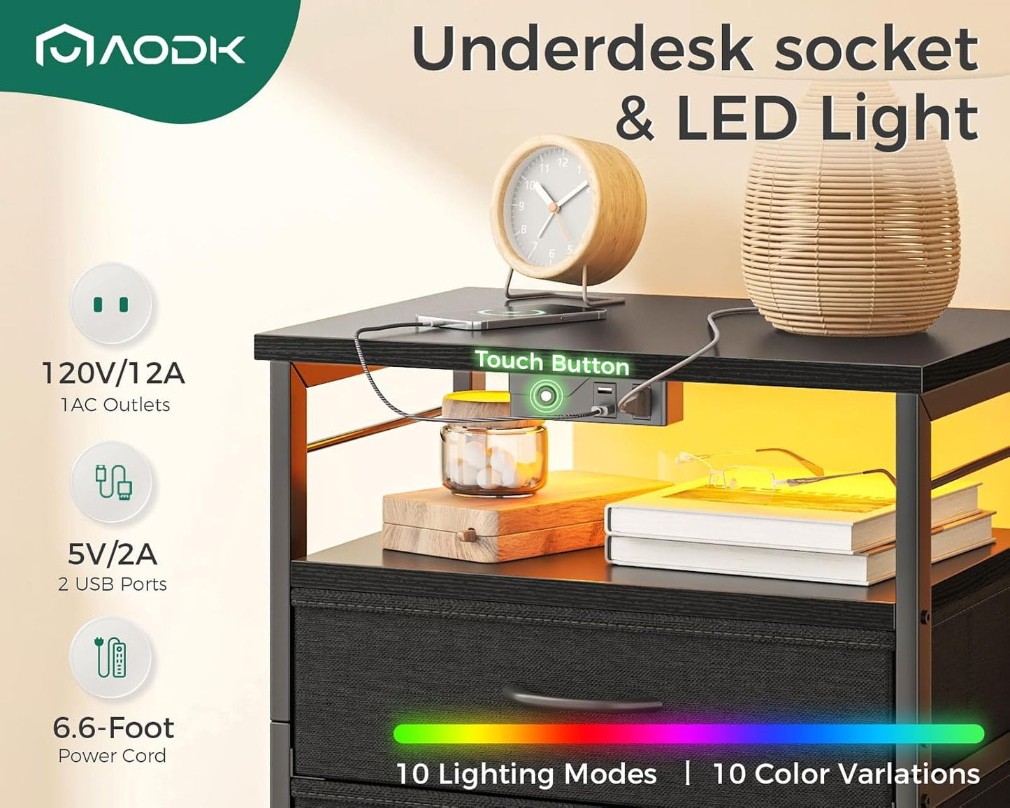 Night Stand with Charging Station, End Table for Bedroom Tall Nightstand with Drawers, Small Nightstand for Bedroom, 4 Tier Storage Bedside Table, Black