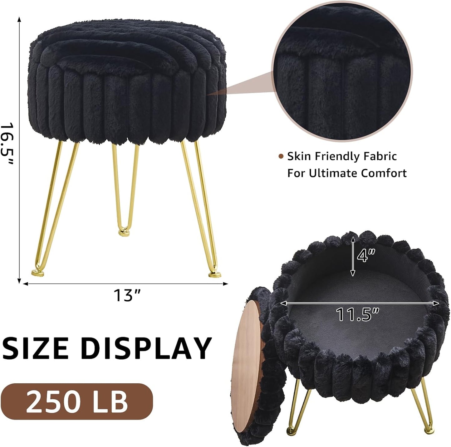 Vanity Stool with Storage, Faux Fur Ottoman Chair with Metal Legs, round Makeup Vanity Chair for Bedroom or Dressing Table, Modern Small Ottoman Seat (Black)