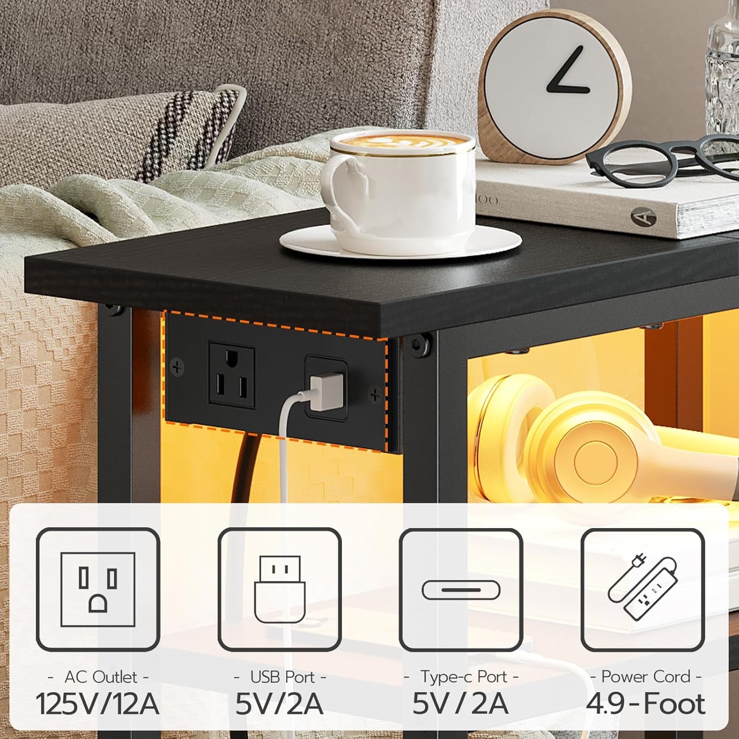 Narrow Side Table with Charging Station and LED Light, Small End Table with Storage, Skinny Nightstand with USB Port, Slim Bedside Table for Small Spaces, Living Room, Black BB242UDBZ01