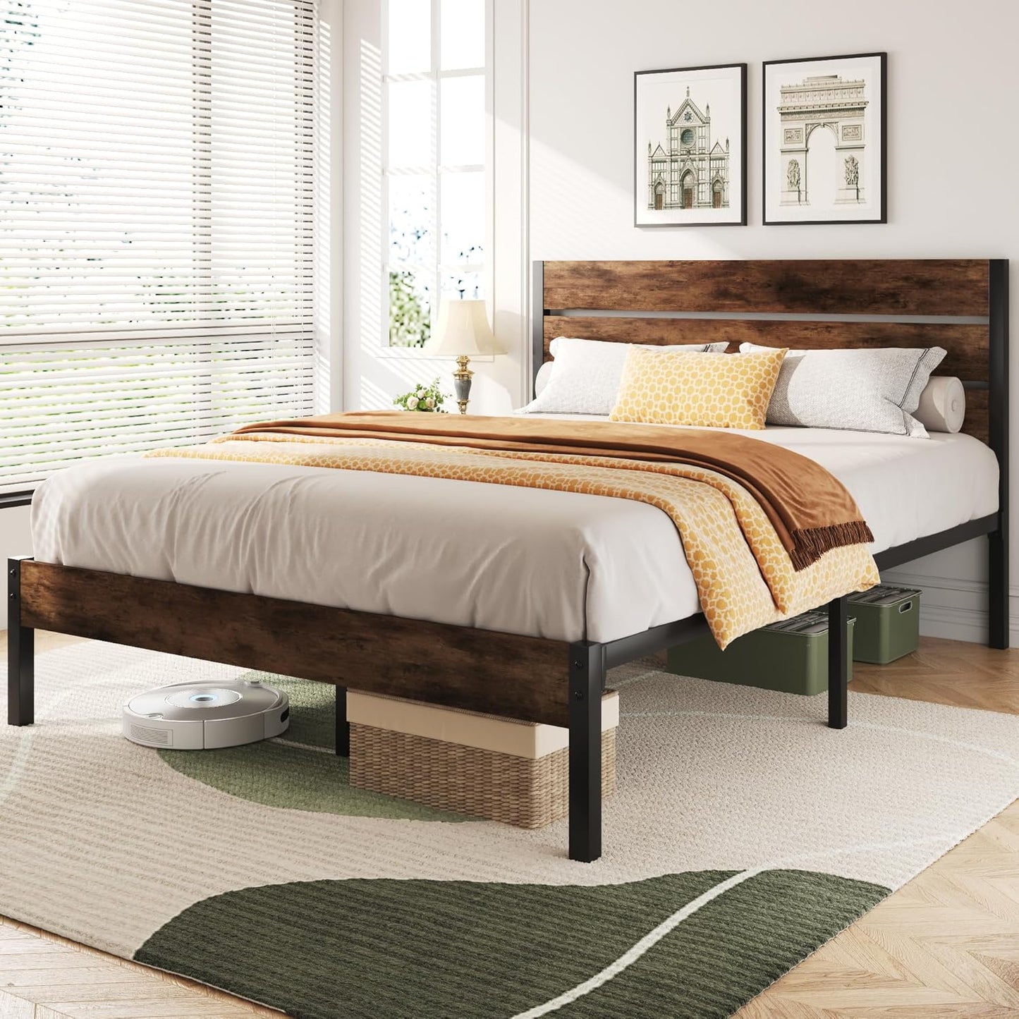 Queen Bed Frame with Headboard and Footboard, Metal Queen Bed Frame with Under-Bed Storage, All-Metal Support System, No Box Spring Needed, Easily Assemble, Rustic Brown