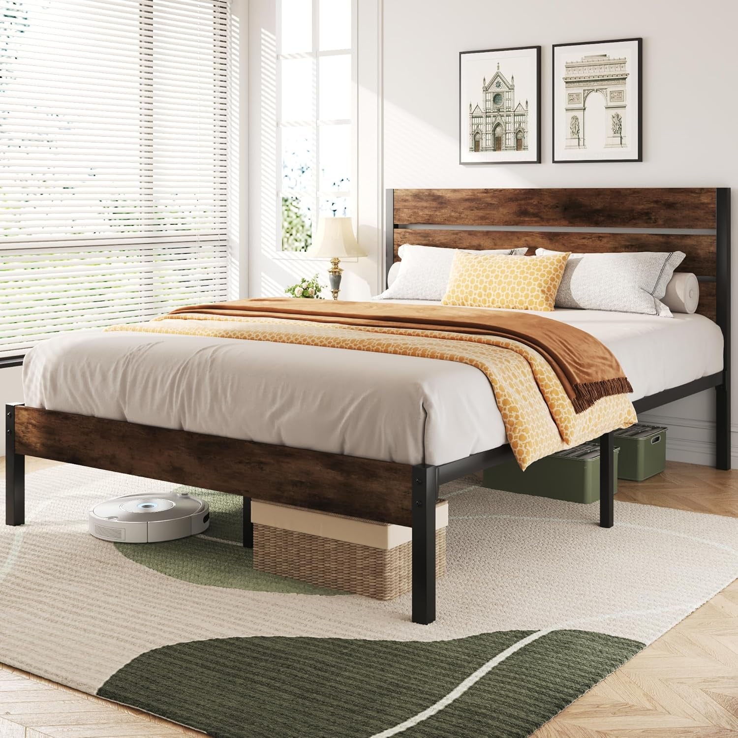 Queen Bed Frame with Headboard and Footboard, Metal Queen Bed Frame with Under-Bed Storage, All-Metal Support System, No Box Spring Needed, Easily Assemble, Rustic Brown