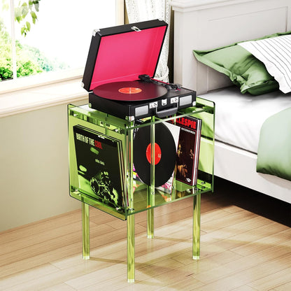 Acrylic Record Player Stand, with Vinyl Storage, Clear Acrylic Side Table, Pink (Green)
