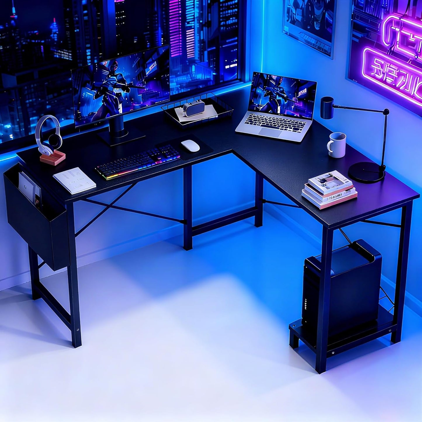 L Shaped Desk, 50-Inch Office Computer Gaming Desks Corner PC Table with Side Bag and Reversible Shelf for Home Work Study Writing Black