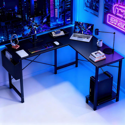 L Shaped Desk, 50-Inch Office Computer Gaming Desks Corner PC Table with Side Bag and Reversible Shelf for Home Work Study Writing Black