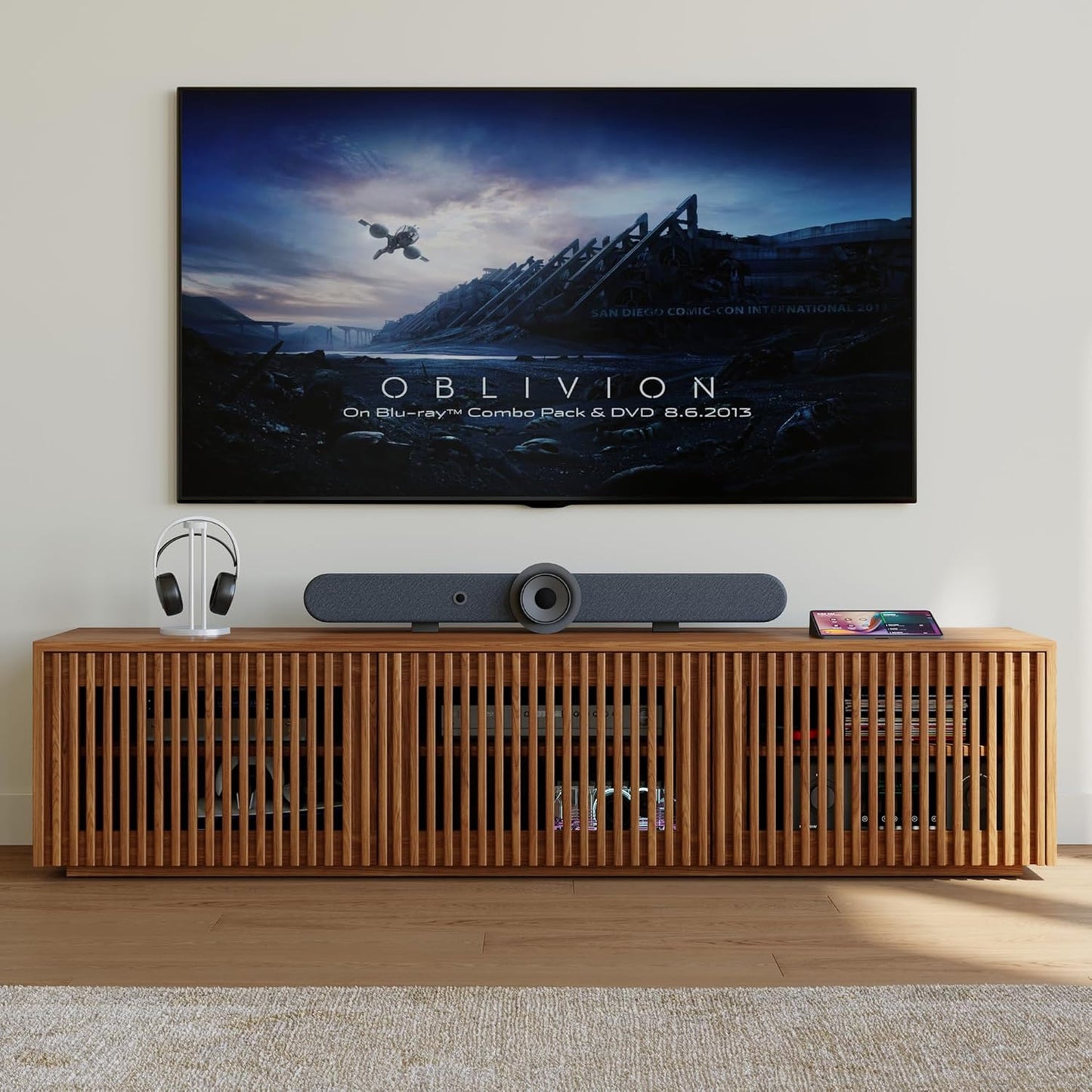 Full Assembled Mid Century Modern TV Stand, Wood Slatted Media Console for 65 Inch TV, Entertainment Center with Storage for Living Room, Low Cabinet with Removable Shelves