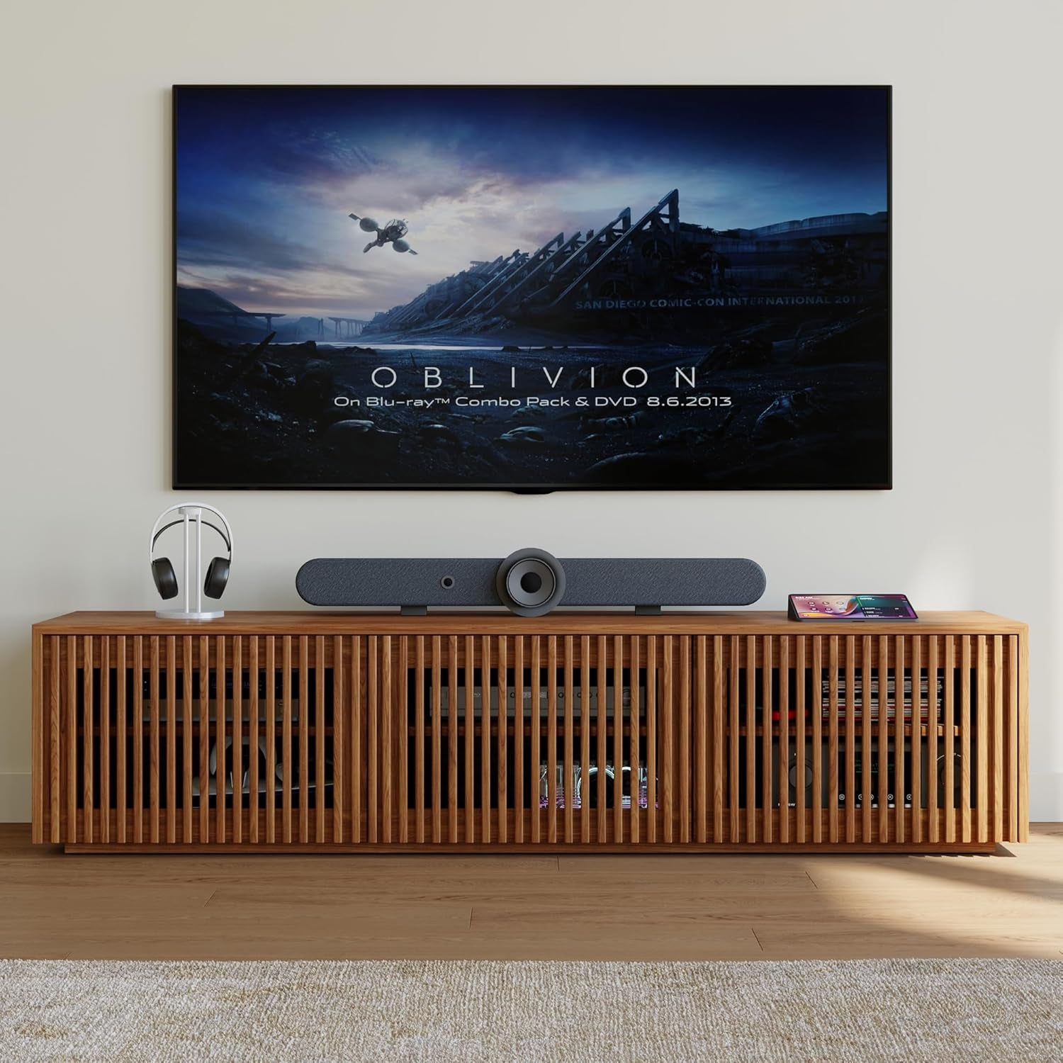 Full Assembled Mid Century Modern TV Stand, Wood Slatted Media Console for 65 Inch TV, Entertainment Center with Storage for Living Room, Low Cabinet with Removable Shelves