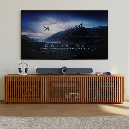 Full Assembled Mid Century Modern TV Stand, Wood Slatted Media Console for 65 Inch TV, Entertainment Center with Storage for Living Room, Low Cabinet with Removable Shelves