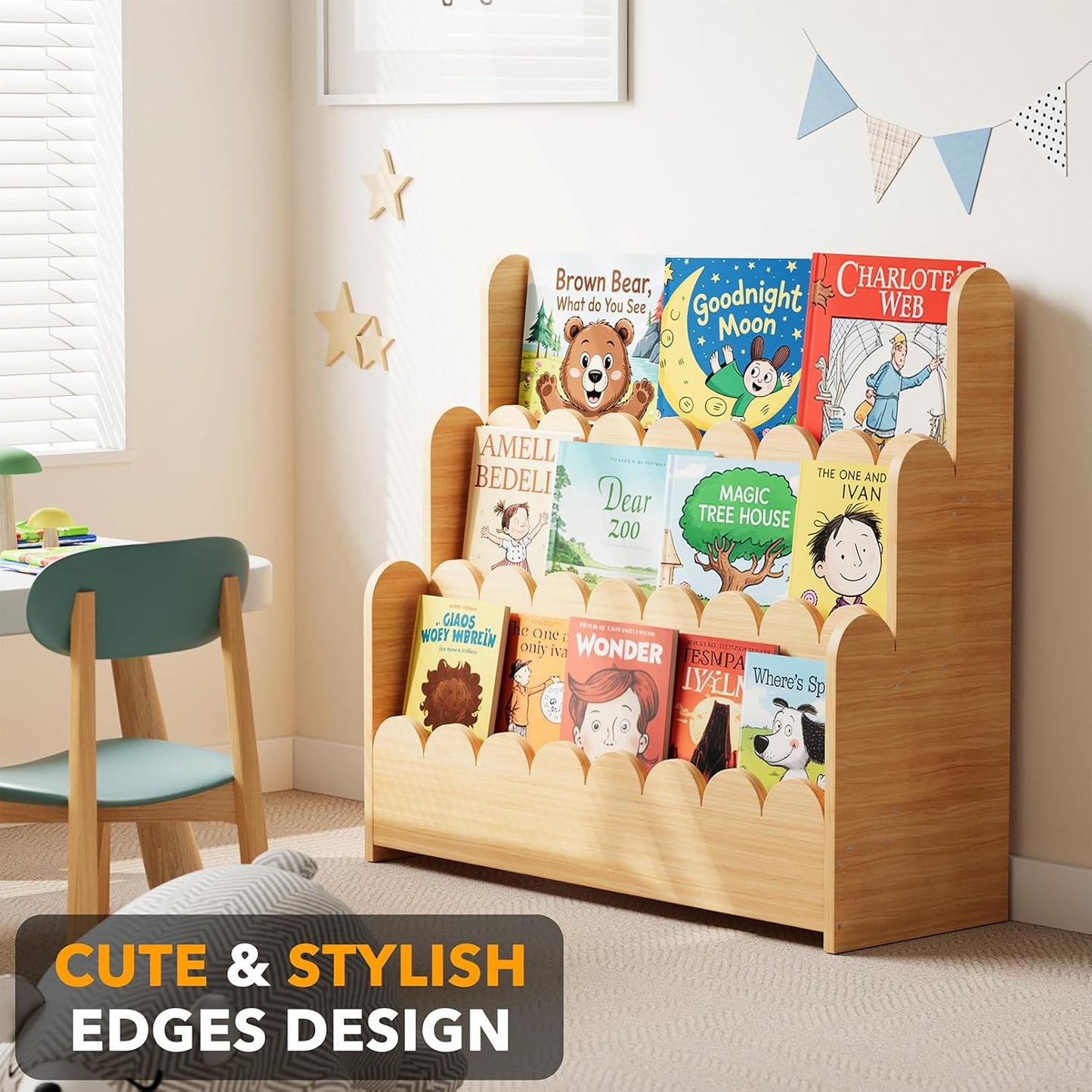 3-Tier Scalloped Bookshelf, Montessori Bookcase for Toddlers, Wooden Book Shelf Organizer Display Furniture for Kids Rooms, Playroom, Nursery and Classroom, Natural
