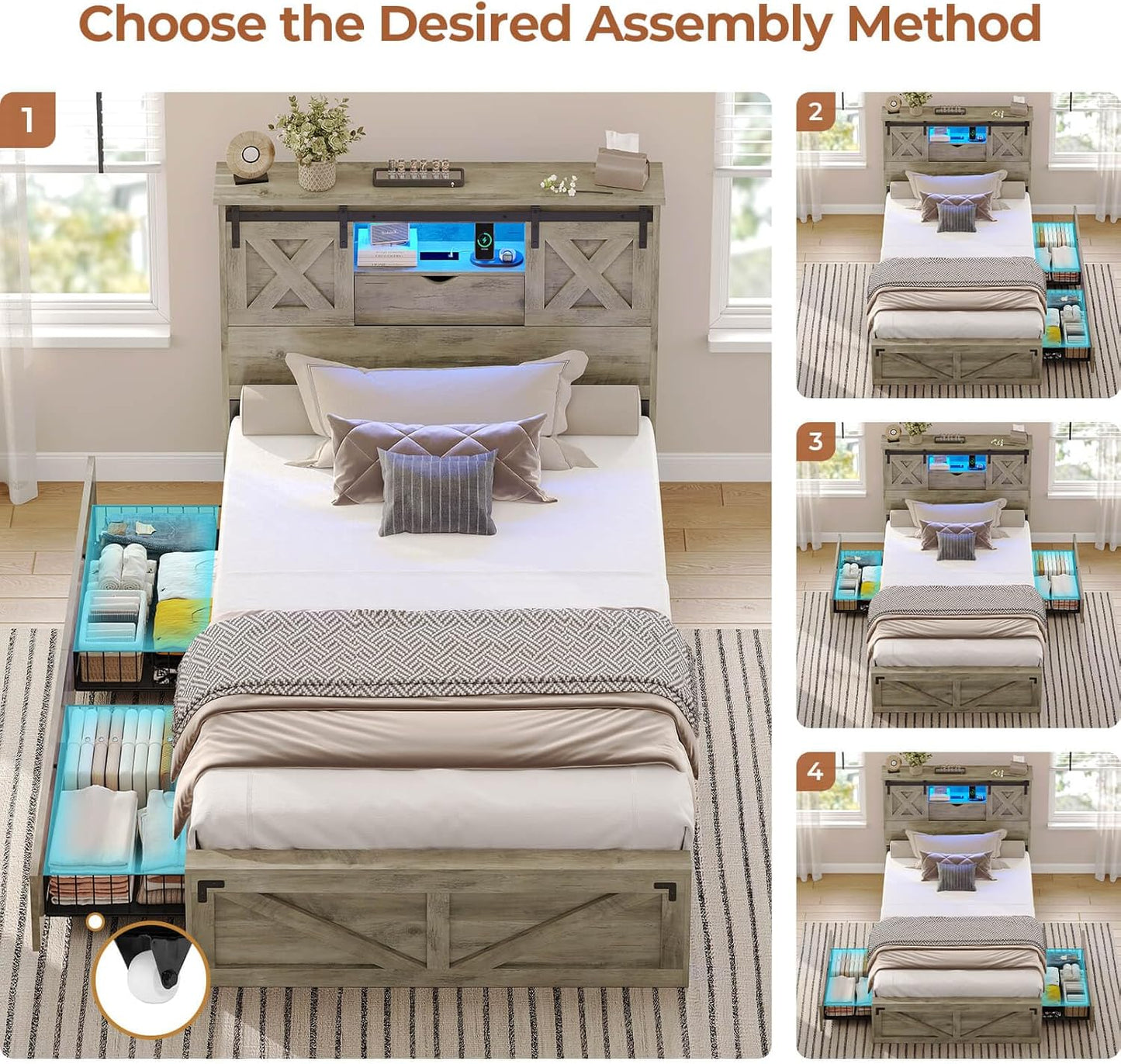 Farmhouse Bed Frame Twin Size with 2 Storage Drawers, Wooden Platform Twin Bed with LED Lights and Charging Station, Rustic Accent Headboard with Sliding Barn Door Storage Cabinets