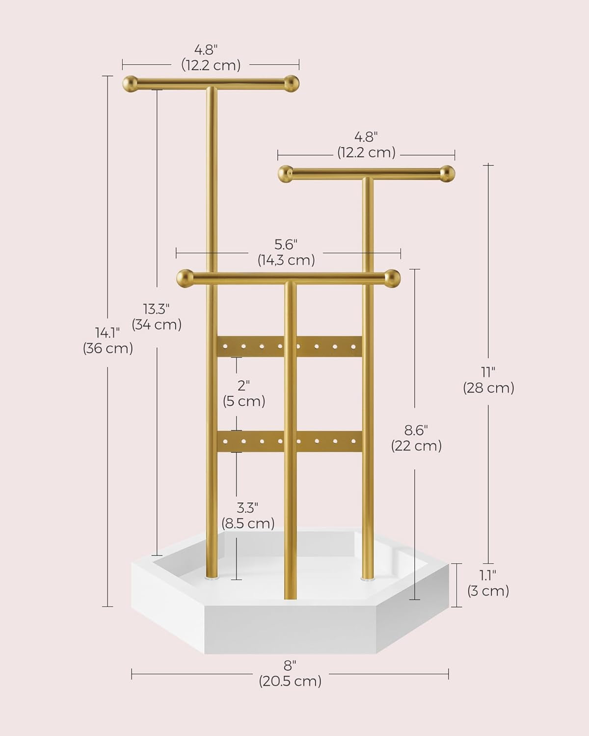Jewelry Holder, Jewelry Organizer, 3 Tiers and 1 Tray, Jewelry Display Stand with Metal Frame, Necklace Earring Bracelet Holder, for Rings, Pale Gold and White UJJS003A01