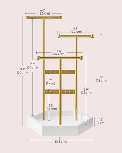 Jewelry Holder, Jewelry Organizer, 3 Tiers and 1 Tray, Jewelry Display Stand with Metal Frame, Necklace Earring Bracelet Holder, for Rings, Pale Gold and White UJJS003A01