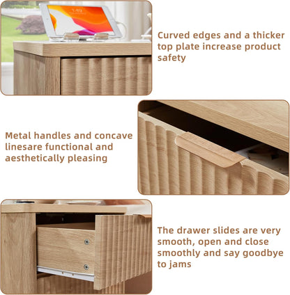 23" Wide Fluted Farmhouse Night Stand Set of 2 with Charging Station, 3 Drawers Large End Table W/Metal Handle, Natural Nightstand Bedside Table,Wood Dresser for Bedroom, Closet