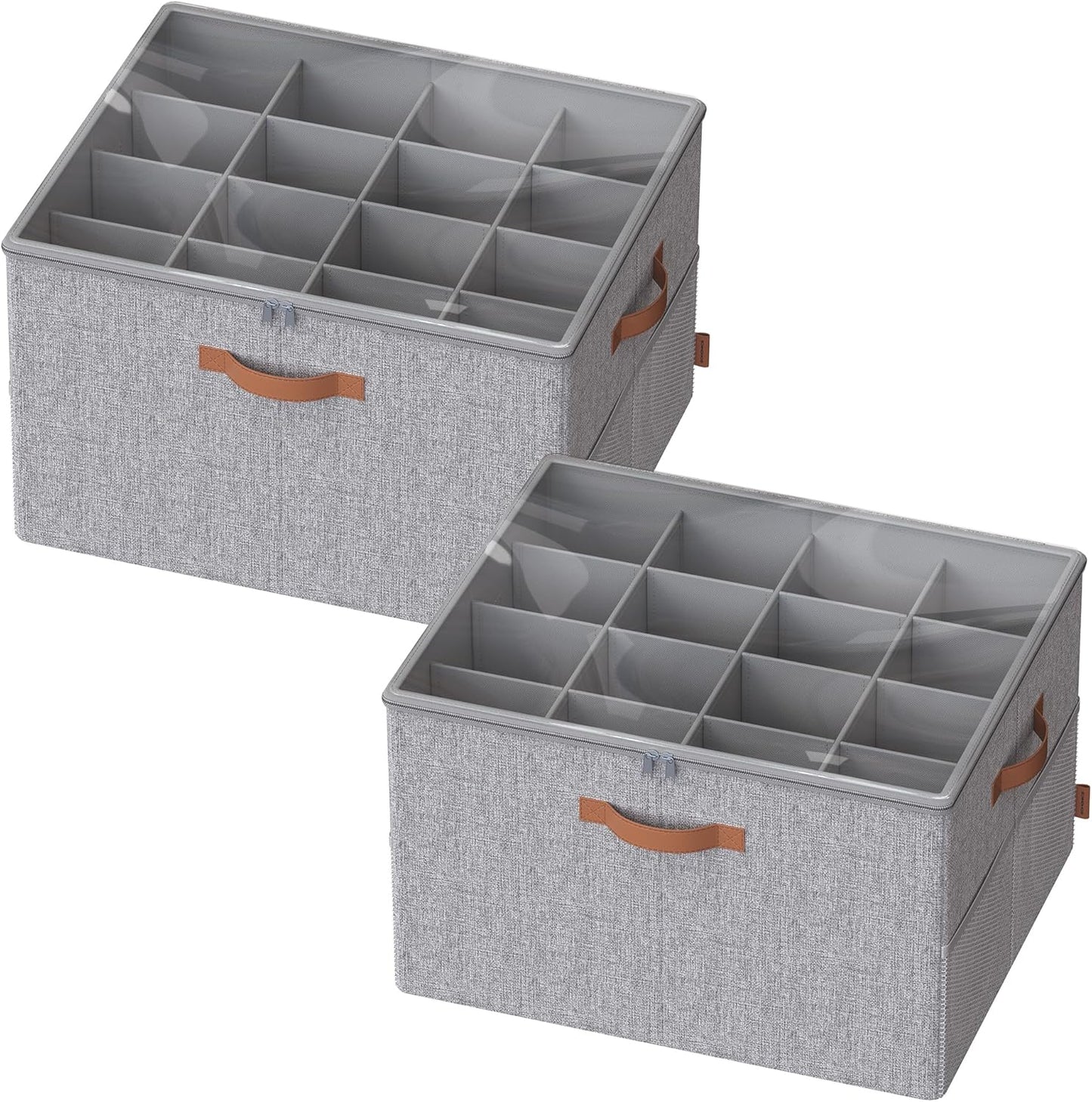 Shoe Organizers for Closet, Pack 2 Shoe Storage Bins, Fits 32 Pairs, Fabric Containers with Handles and Clear Cover, Adjustable Dividers, Customizable, Dove Gray ULSP556G01