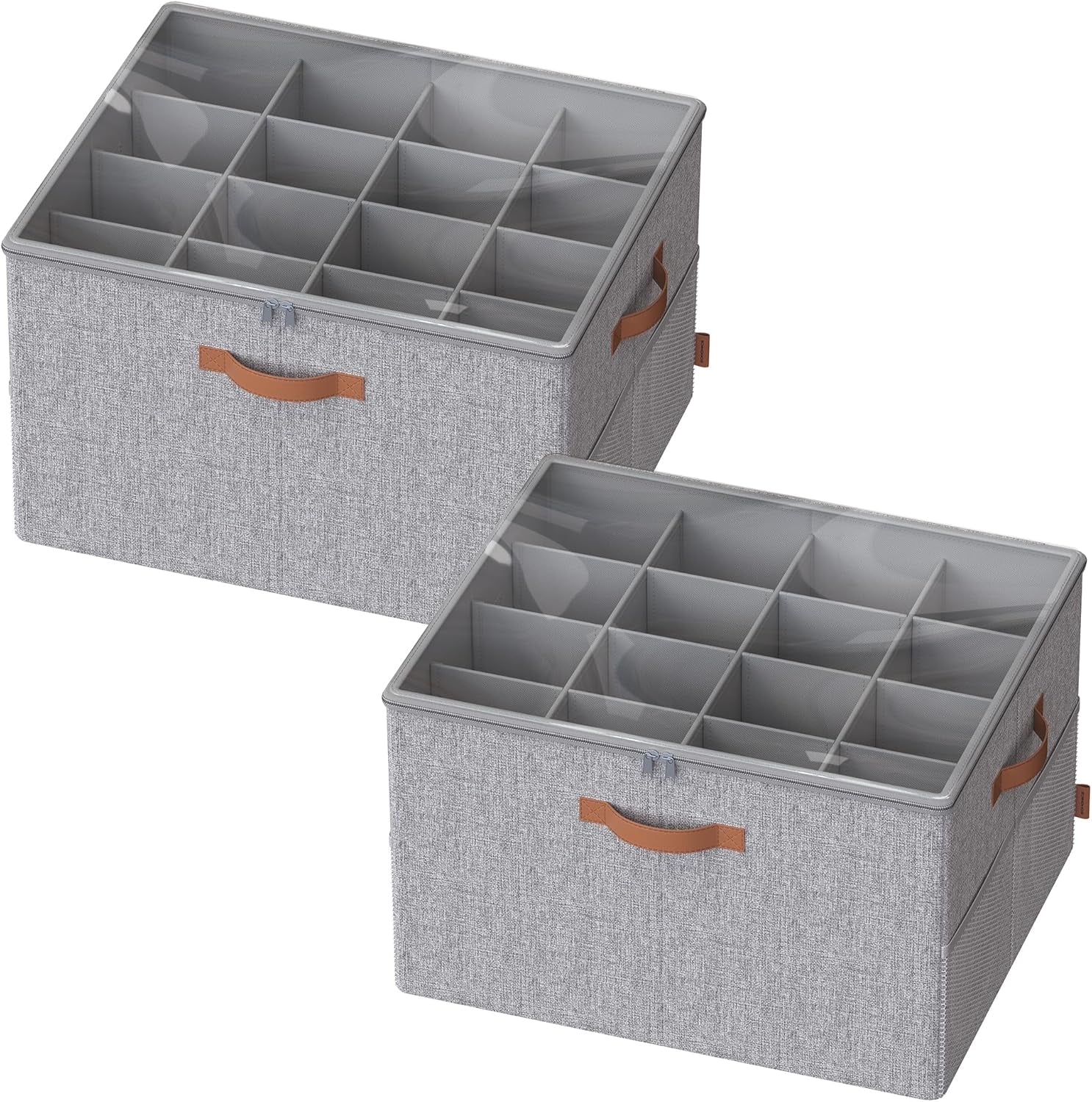 Shoe Organizers for Closet, Pack 2 Shoe Storage Bins, Fits 32 Pairs, Fabric Containers with Handles and Clear Cover, Adjustable Dividers, Customizable, Dove Gray ULSP556G01
