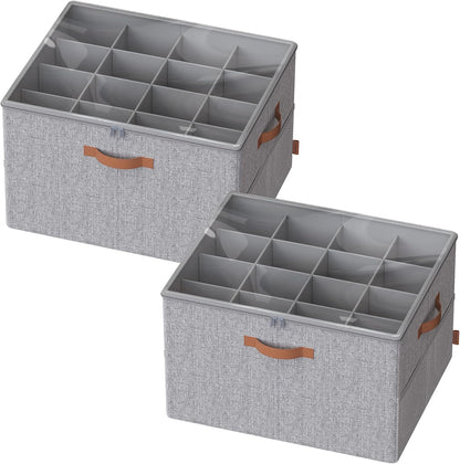 Shoe Organizers for Closet, Pack 2 Shoe Storage Bins, Fits 32 Pairs, Fabric Containers with Handles and Clear Cover, Adjustable Dividers, Customizable, Dove Gray ULSP556G01