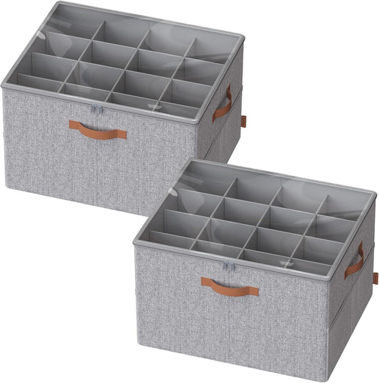 Shoe Organizers for Closet, Pack 2 Shoe Storage Bins, Fits 32 Pairs, Fabric Containers with Handles and Clear Cover, Adjustable Dividers, Customizable, Dove Gray ULSP556G01