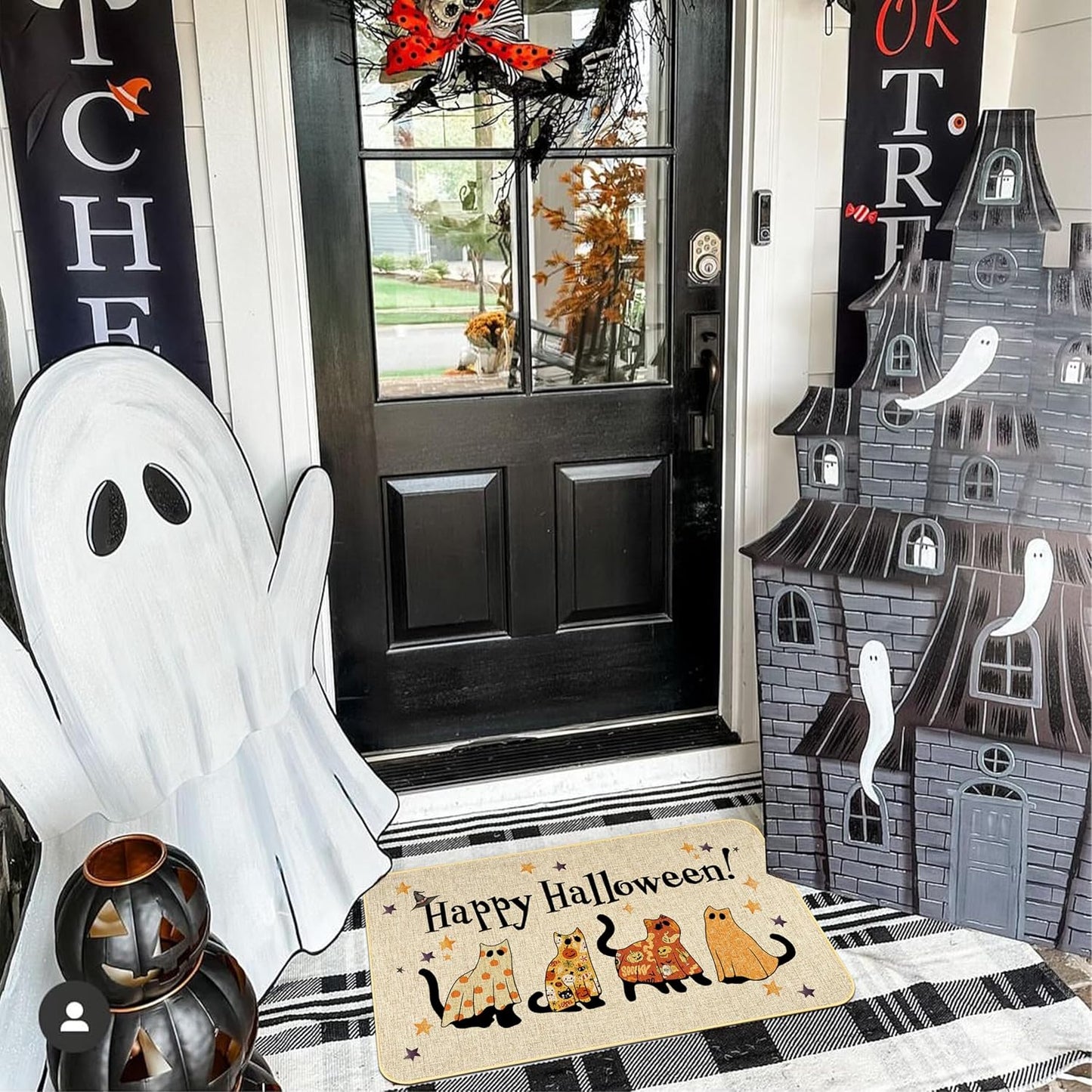 Happy Halloween Doormat Cat Welcome Door Mat Indoor Outdoor Entrance Mat Bathroom Non-Slip Rubber Backed Greeting Halloween Party Decoration 17 X 29 Inches