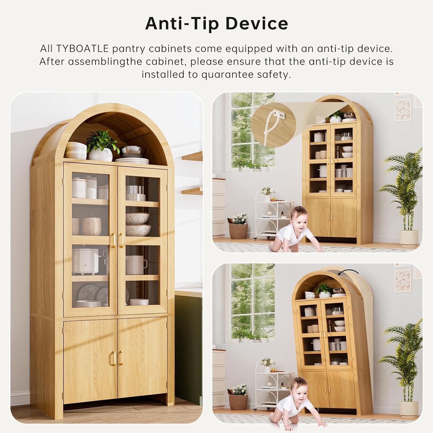 71" Tall Arched Kitchen Pantry, Modern Farmhouse Wood Kitchens Storage Cabinets, Versatile Cupboard for Dining Room, Kitchen, Wood