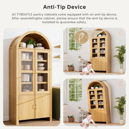 71" Tall Arched Kitchen Pantry, Modern Farmhouse Wood Kitchens Storage Cabinets, Versatile Cupboard for Dining Room, Kitchen, Wood