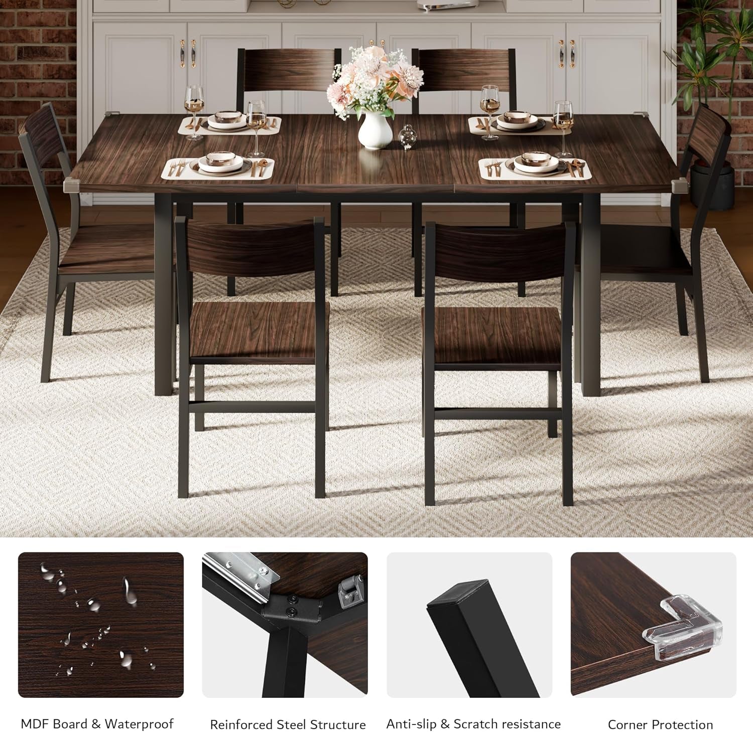 7 Pieces Dining Table & Chairs Set for 4-6, 63" Extendable Kitchen Table and 6 Chairs, Dining Room Table with MDF Board & Metal Frame, Perfect for Small Space, Easy Clean, Espresso