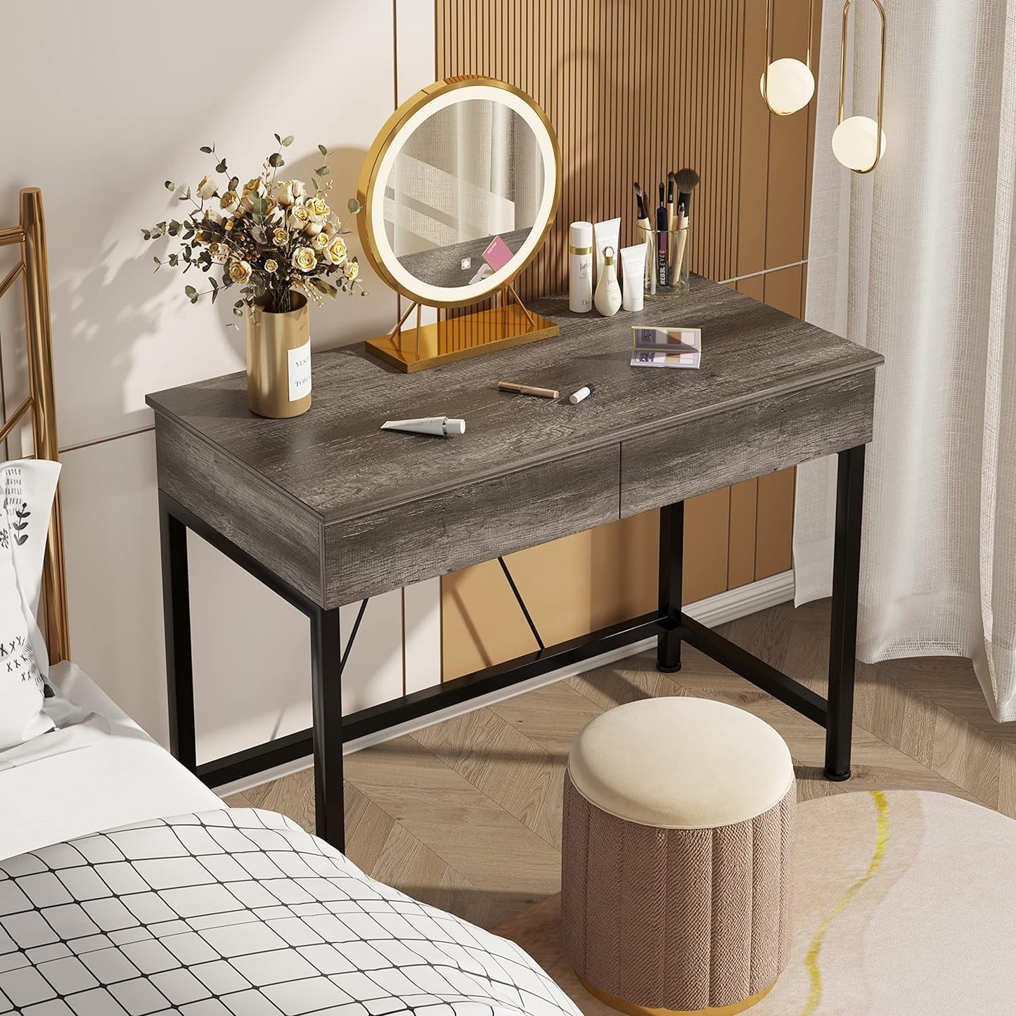 40Inch Small Desk with 2 Wooden Drawers,Vanity Desks for Home Office with Storage, Simple Computer Desk for Small Space,Desk for Bedroom, Modern Writing Work Kids Study Desk Table, Grey Oak
