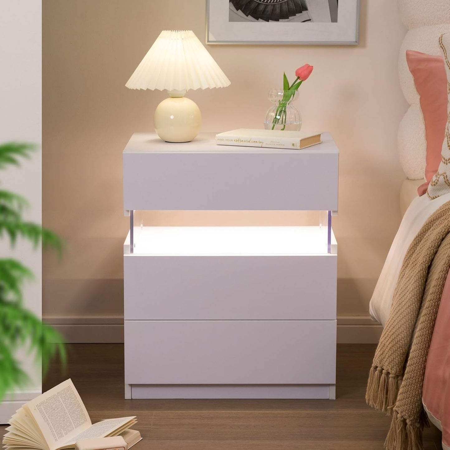 White LED Nightstand Set of 2,Night Stand Set 2,Modern Night Stand with 3 Drawers,Night Stands for Bedroom Set of 2,Bedside Table with Silent Slide Drawer