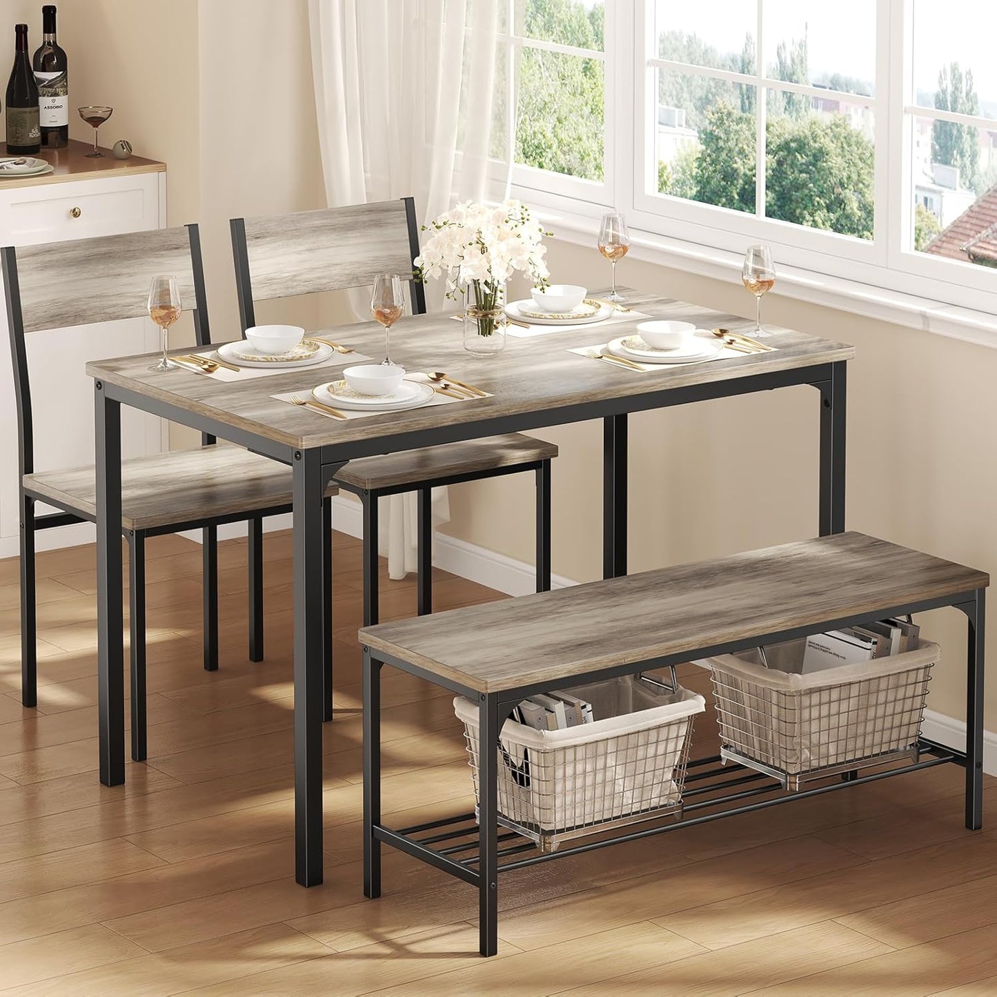 Dining Table Set, Dining Table for 4 with Bench, Kitchen Table, Space-Saving Ideal 4-Person Set for Dining Room Kitchen Apartment Corner Grey 4 Pack
