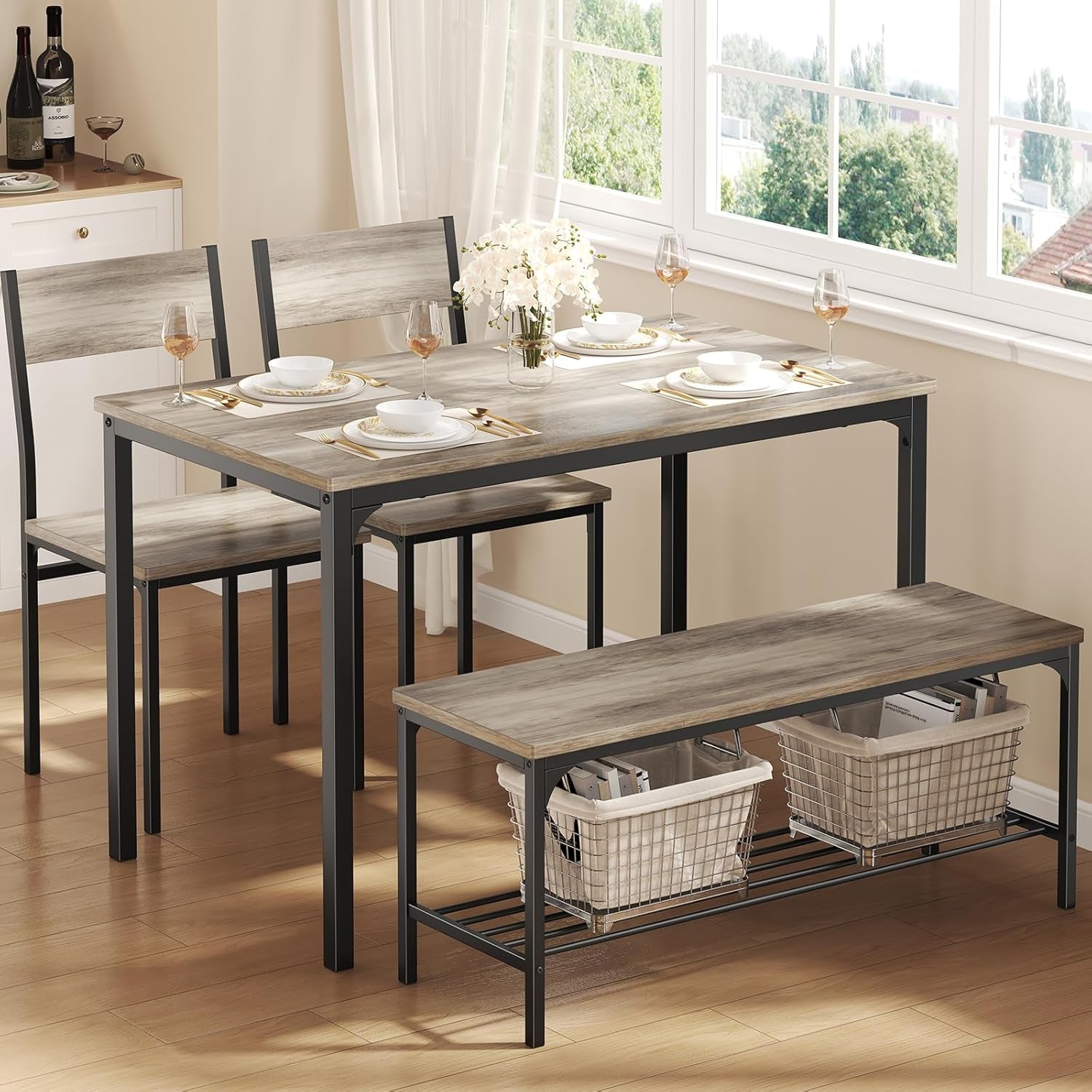 Dining Table Set, Dining Table for 4 with Bench, Kitchen Table, Space-Saving Ideal 4-Person Set for Dining Room Kitchen Apartment Corner Grey 4 Pack
