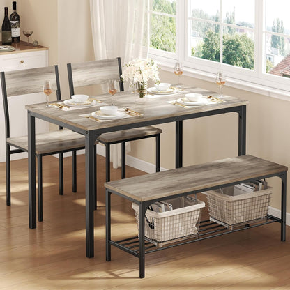 Dining Table Set, Dining Table for 4 with Bench, Kitchen Table, Space-Saving Ideal 4-Person Set for Dining Room Kitchen Apartment Corner Grey 4 Pack