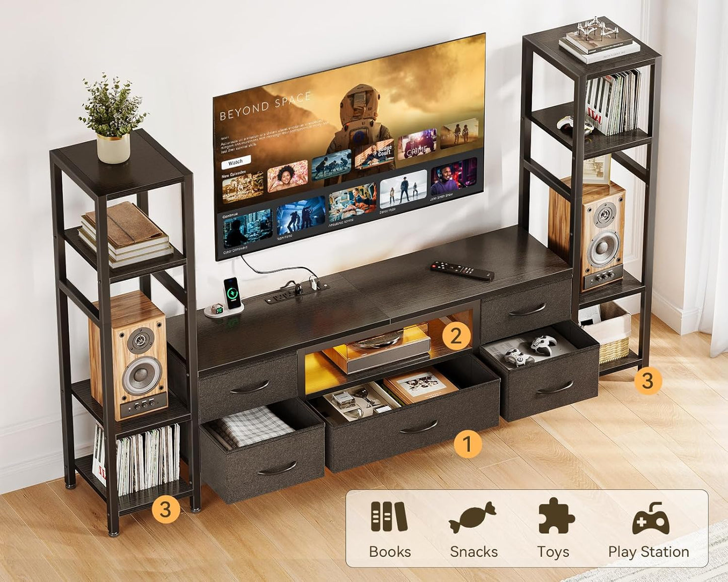 TV Stands for 43-50 Inch TV, Entertainment Center with LED Lights & Power Outlets for Tvs up to 55 Inch, TV Stand Living Room with 5 Fabric Drawers, TV Console Cabinet for Bedroom, Black