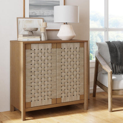Aerie Rustic Wood Cabinet, Boho Living Room Storage Cabinet with Seagrass Door Panels and Solid Wood Legs, Light Brown