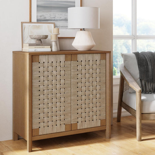 Aerie Rustic Wood Cabinet, Boho Living Room Storage Cabinet with Seagrass Door Panels and Solid Wood Legs, Light Brown