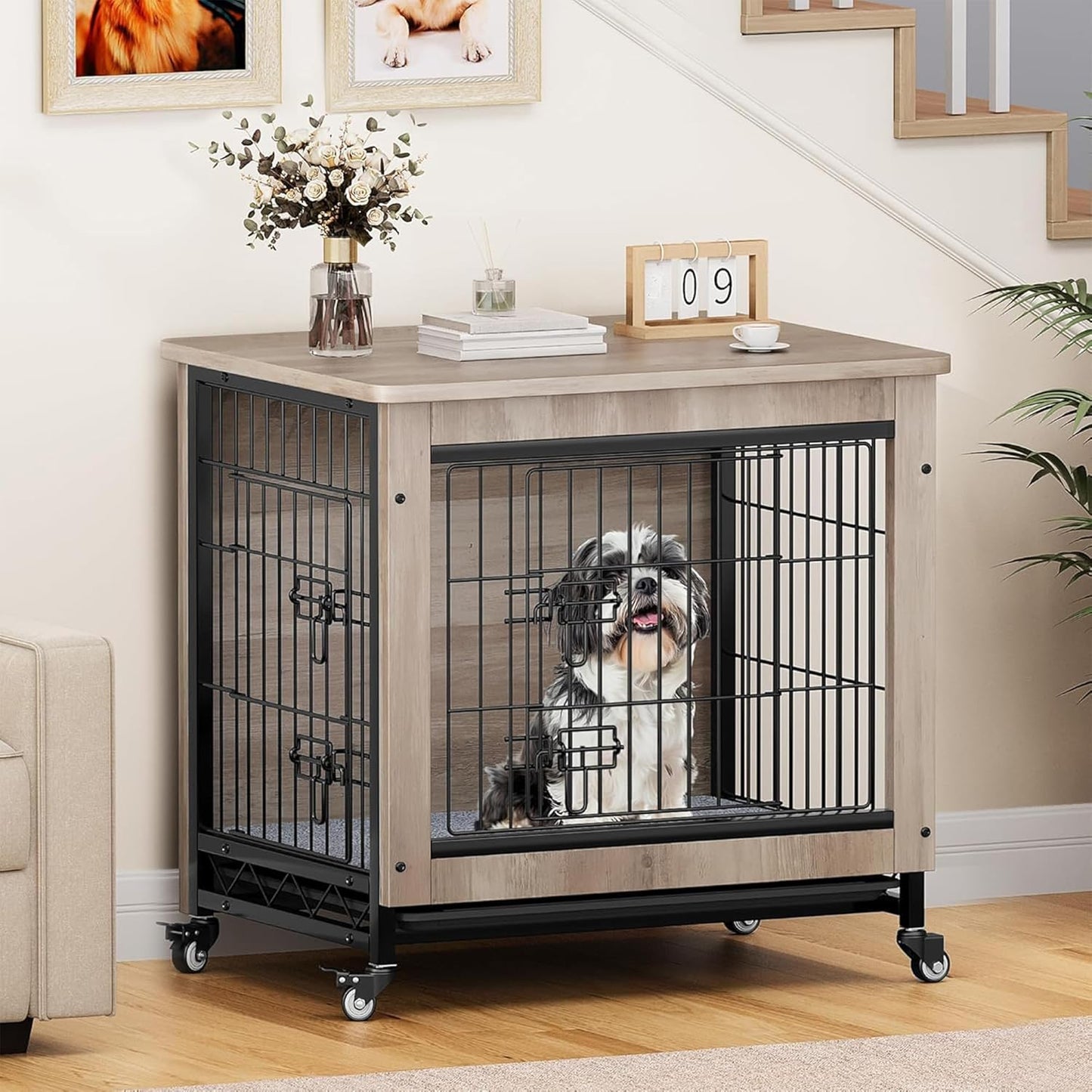 Dog Crate Furniture with Cushion, Kennel with Wheels, End Table with Tray, 27" Cage with Double Doors for Small Dog (Gray)