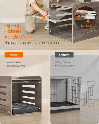 Modern Dog Crate Furniture with Charging Station, Kennel Indoor with Flip-Up Hidden Acrylic Door, for Small and Medium Dogs up to 45 Lb, Side End Table, Heather Greige UPOC021G01